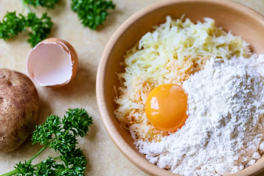 German Potato Pancakes with Crispy Golden Edges 3 German Potato Pancakes ingredients with grated potatoes egg onion and flour