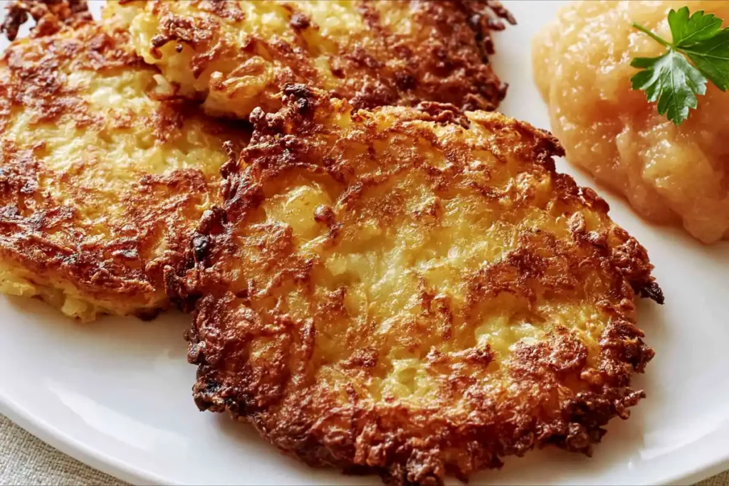 German Potato Pancakes with Crispy Golden Edges 4 German Potato Pancakes served with applesauce and savory yogurt