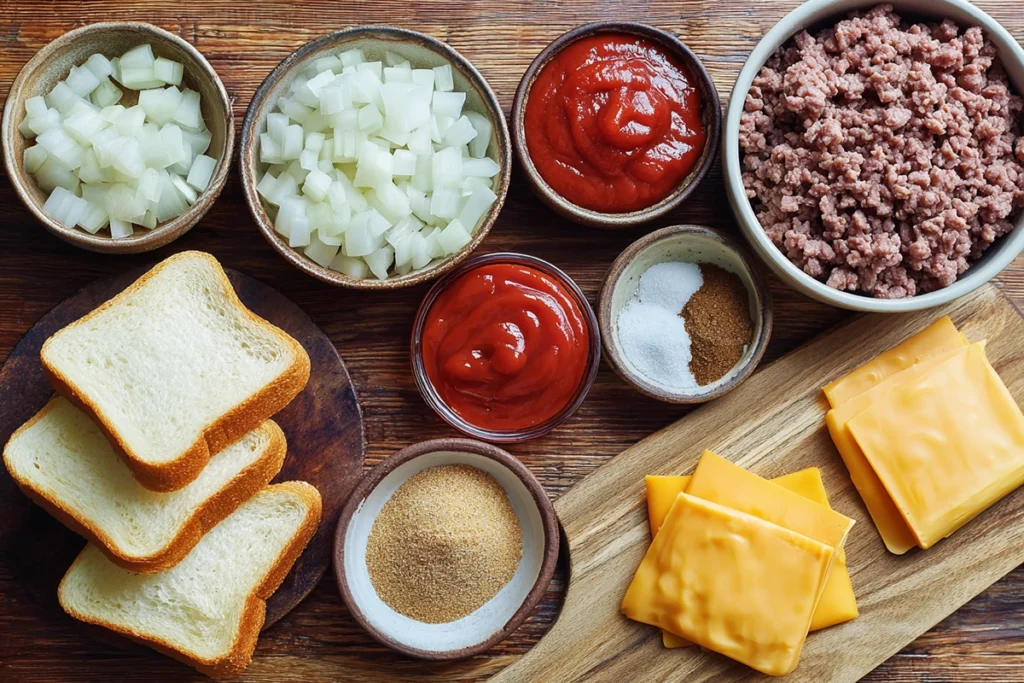 Grilled Cheese Sloppy Joes That Taste Like Pure Comfort 7 Ingredients for grilled cheese sloppy joes arranged on a wooden counter