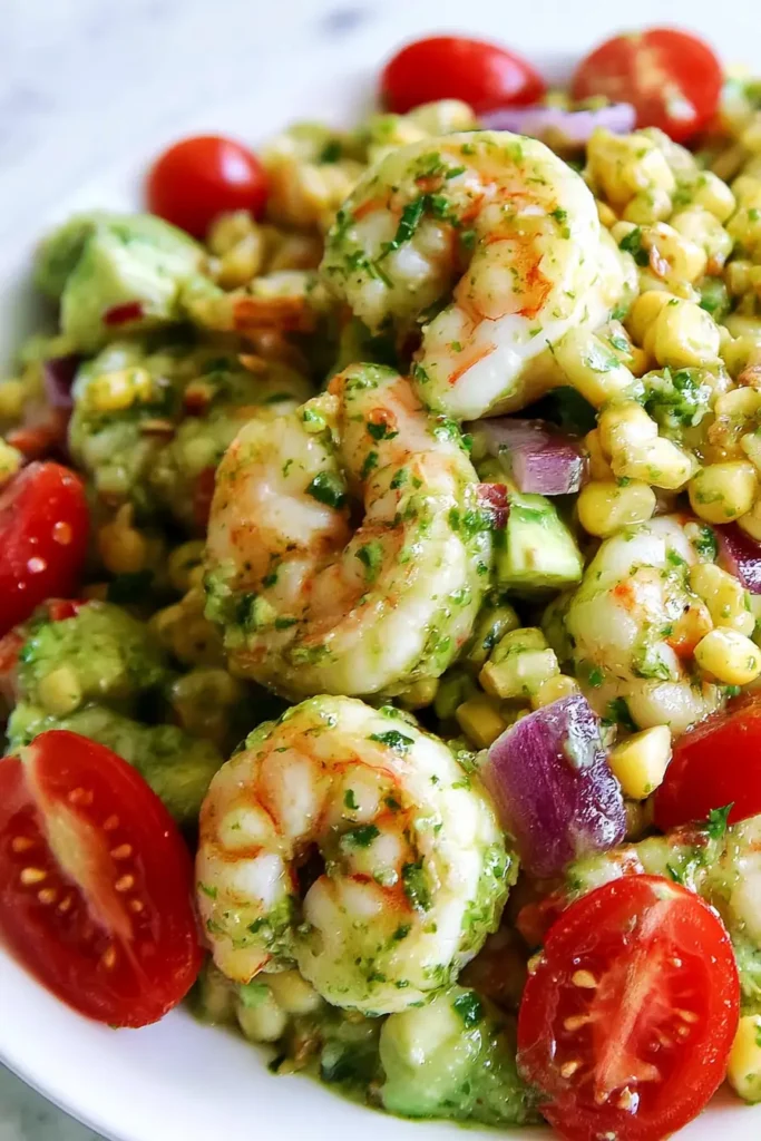 Avocado Corn Salad With Grilled Shrimp in 40 Minutes 2 Golden Grilled Shrimp in Avocado Corn Salad With Tomatoes and Lime