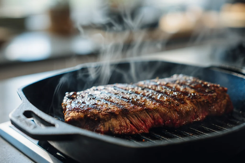 marinated flank steak grilling on cast iron pan