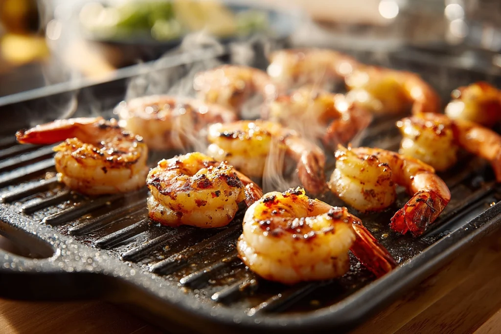 Grilled shrimp cooking for avocado corn salad with char marks