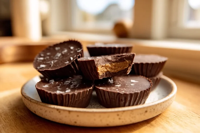 Homemade peanut butter cups on a ceramic plate in a cozy home kitchen setting