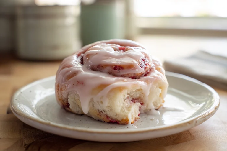 Homemade strawberry cinnamon rolls glazed and plated in a cozy home kitchen