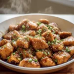 Honey garlic chicken bites plated with sticky glaze and fresh herbs