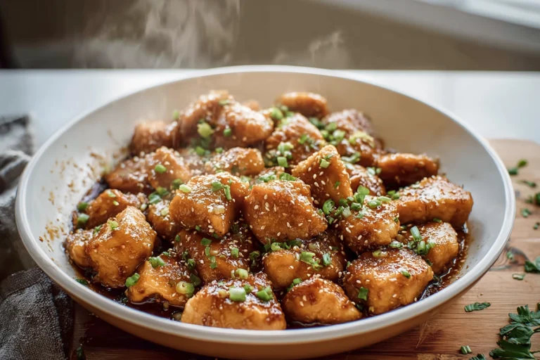 Honey garlic chicken bites plated with sticky glaze and fresh herbs