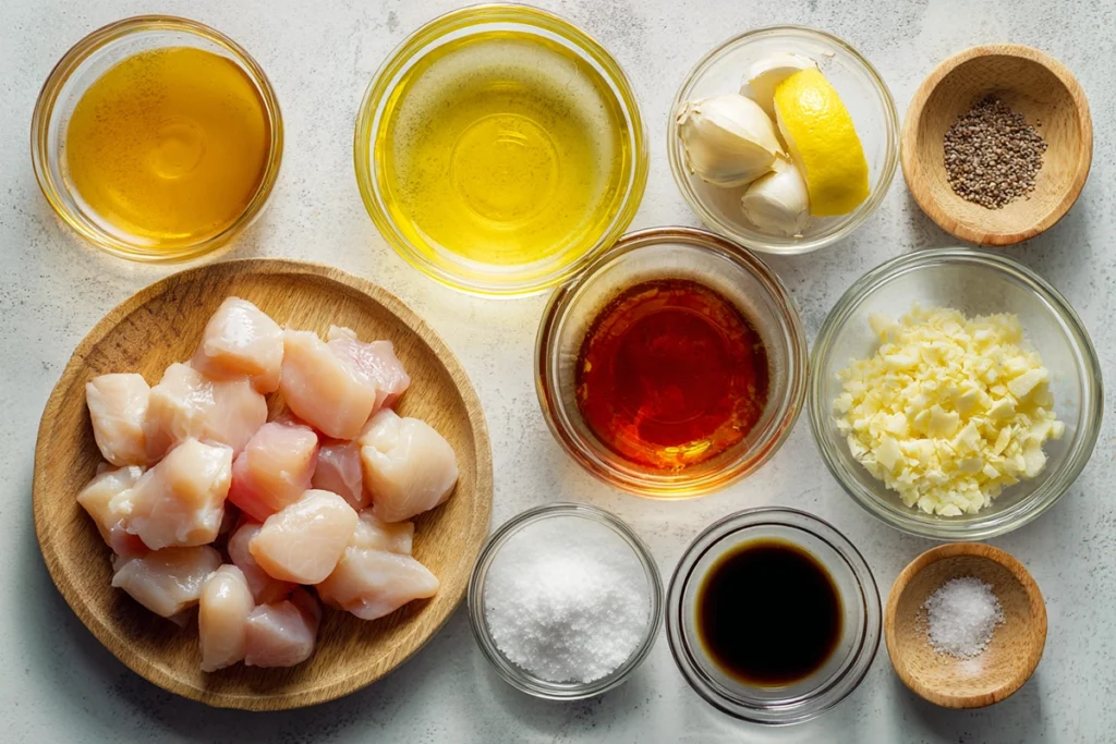 Ingredients for honey garlic chicken bites arranged on countertop