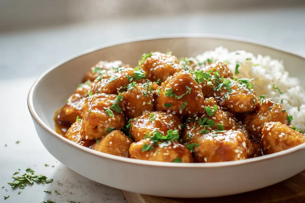 Honey garlic chicken bites served with rice