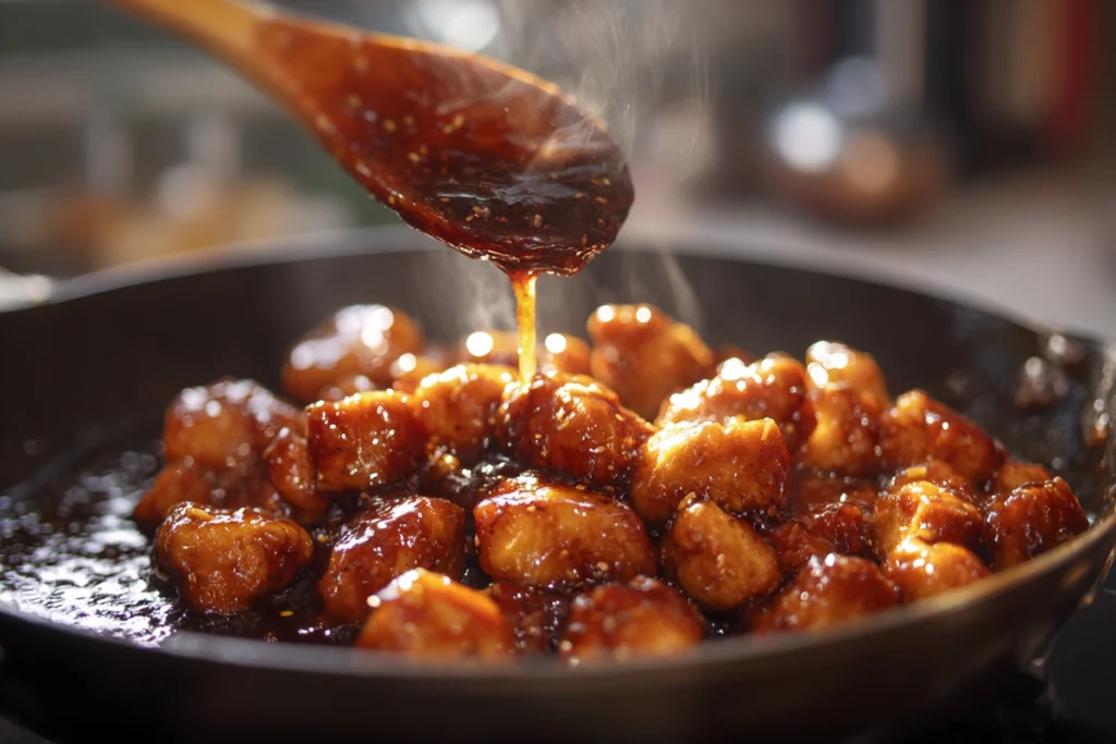 Chicken bites coated in sticky honey garlic sauce