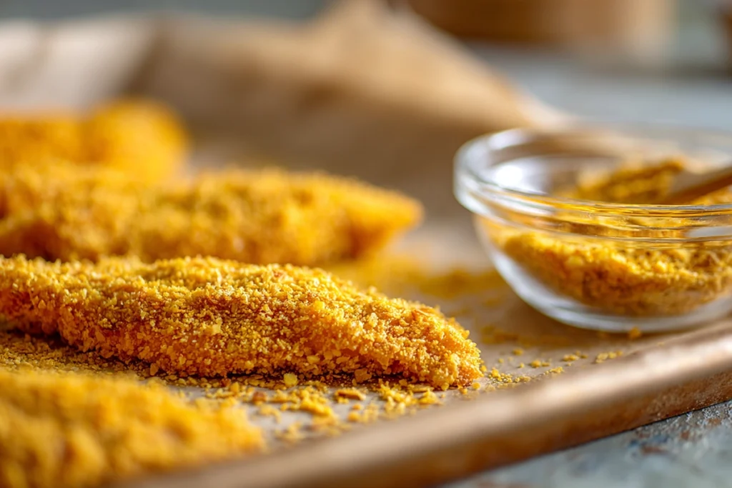 Coating chicken with cornflakes for Honey Hot Chicken Salad
