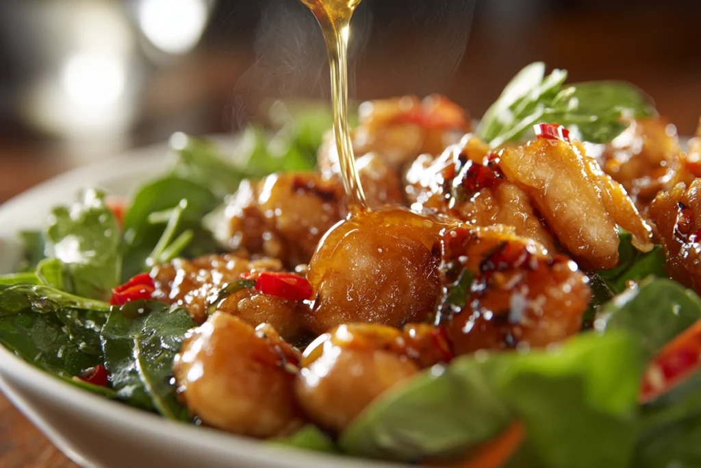 Honey hot dressing drizzled over crispy chicken salad