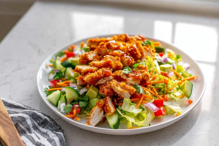 Honey Hot Chicken Salad with crispy chicken and sweet spicy dressing