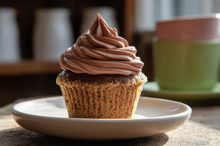 Cinnamon Graham S’more Cupcakes topped with chocolate frosting on a ceramic plate