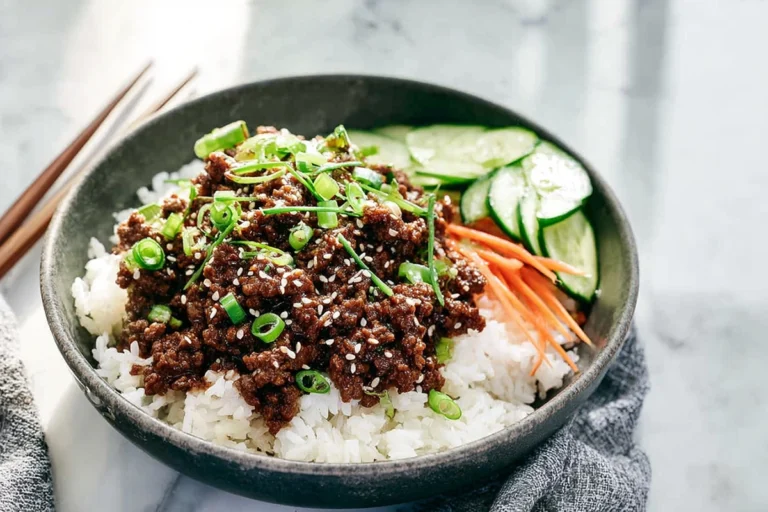 Korean Ground Beef Bowl served over rice with fresh vegetables