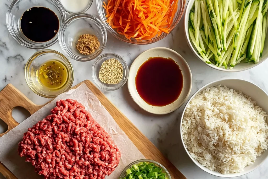 Ingredients for Korean Ground Beef Bowl arranged on kitchen counter