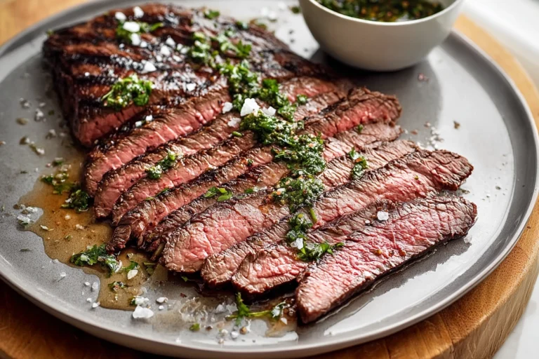 marinated flank steak sliced against the grain with chimichurri