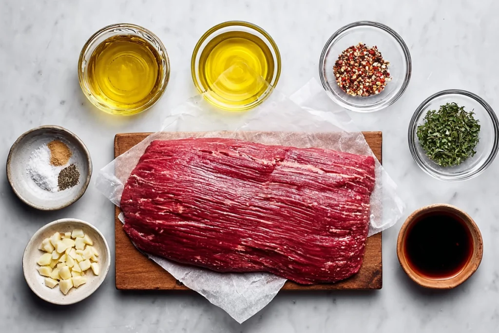 marinated flank steak ingredients arranged on countertop