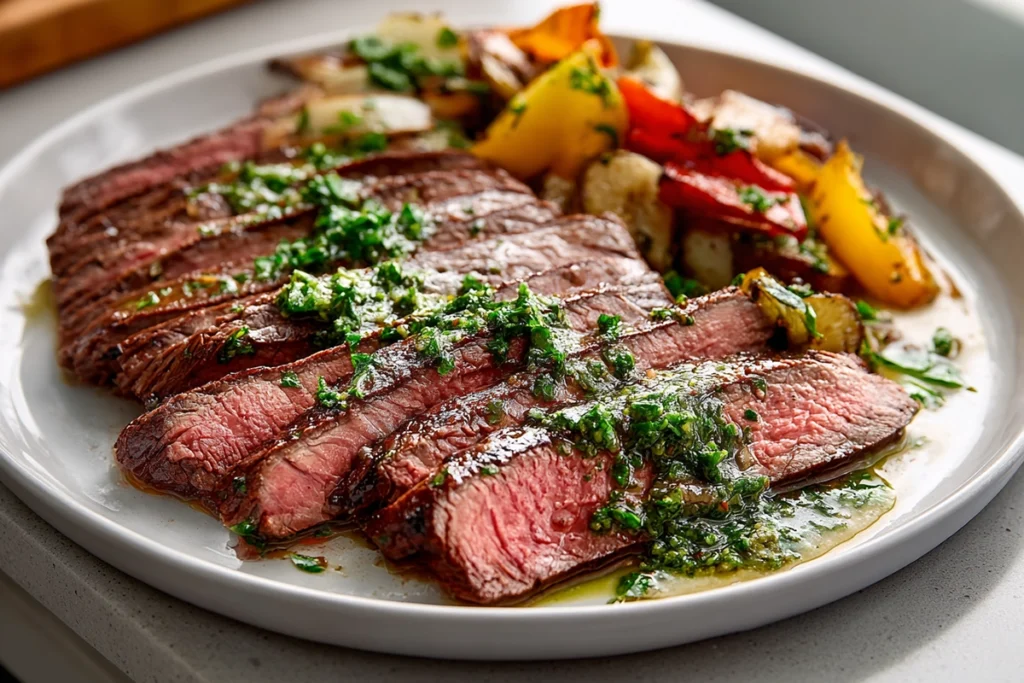 marinated flank steak served with chimichurri and vegetables