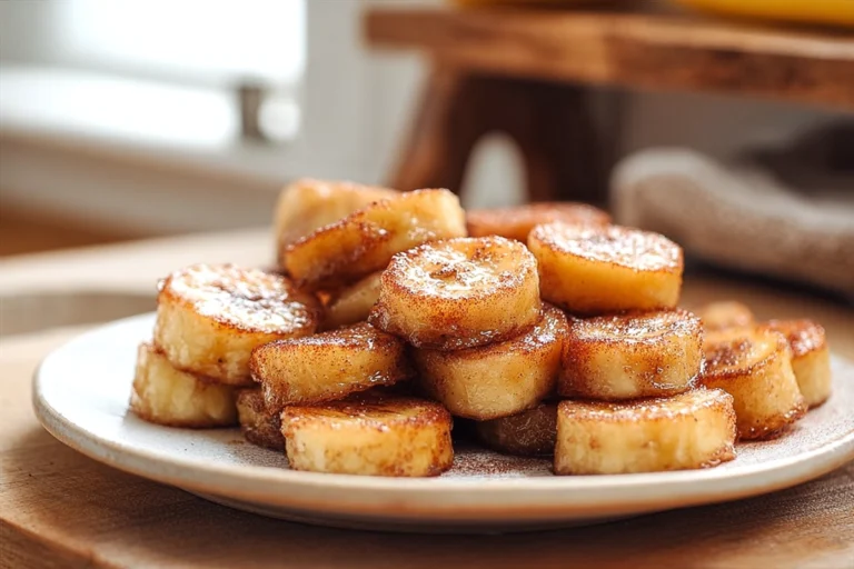 Pan fried cinnamon bananas served warm on a ceramic plate in a cozy home kitchen