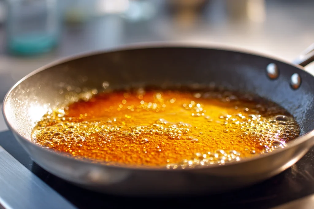 Butter and cinnamon melting together in a pan for pan fried cinnamon bananas