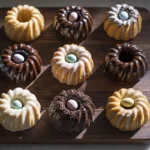 Mini Easter Bundt cakes with pastel icing and candy eggs