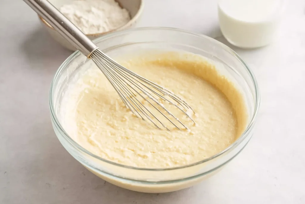 Mixing fluffy pancake batter in a glass bowl