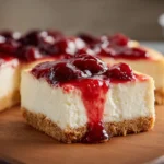 No Bake Cherry Cheesecake with creamy layers and cherry topping on a ceramic plate