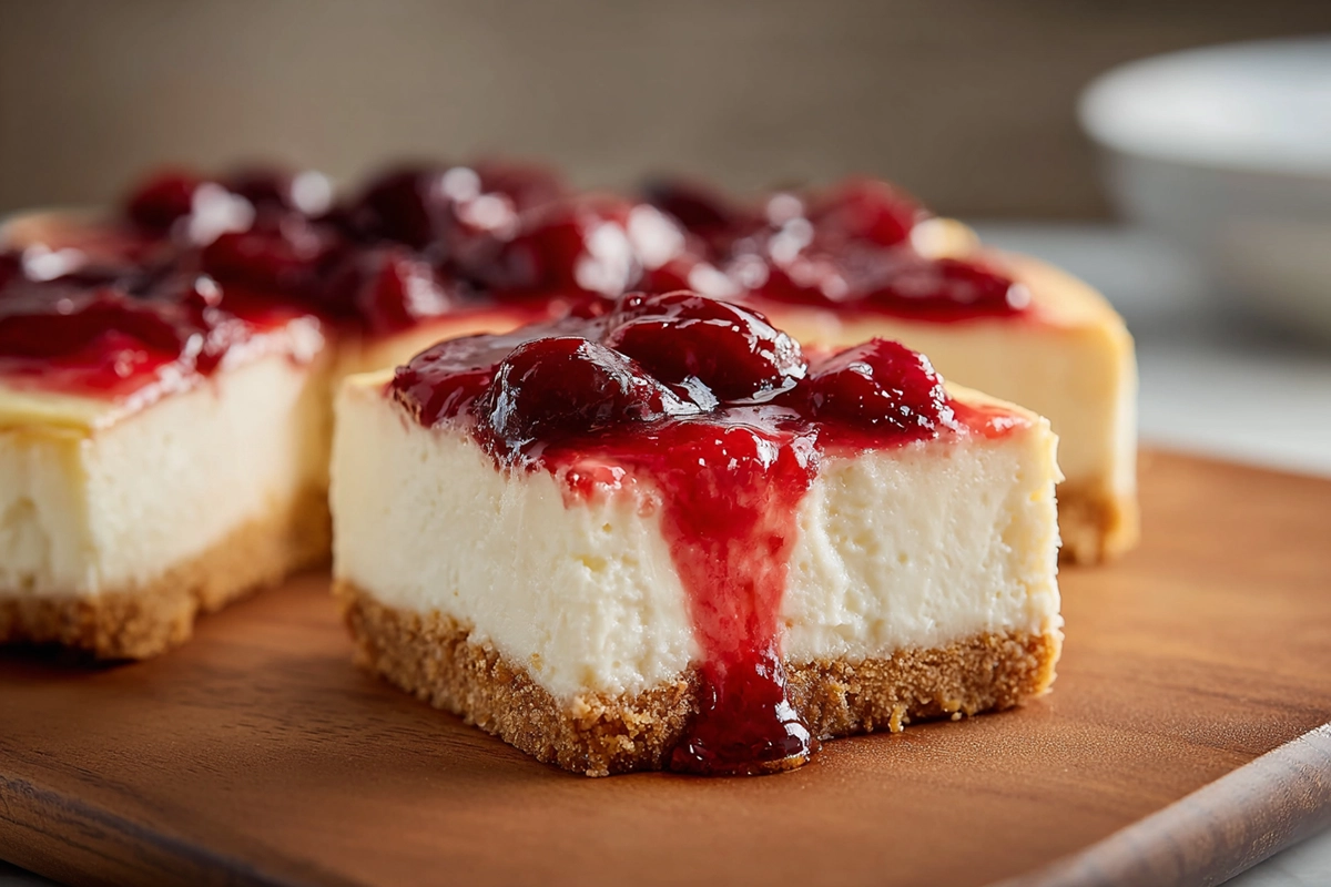 No Bake Cherry Cheesecake with creamy layers and cherry topping on a ceramic plate