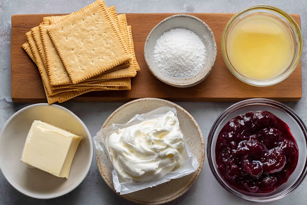 No Bake Cherry Cheesecake ingredients arranged overhead on a wooden counter