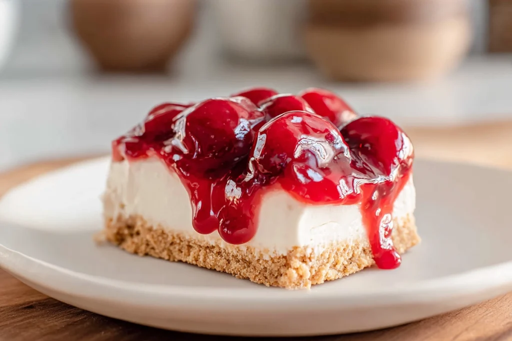 No Bake Cherry Cheesecake sliced and ready to serve from the pan