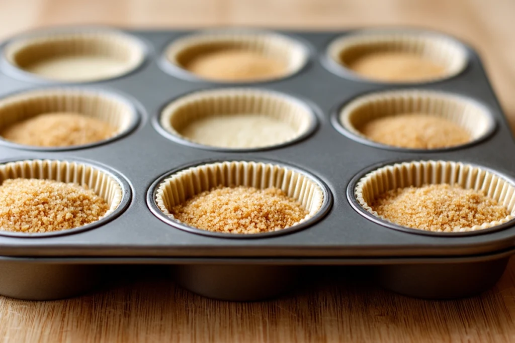Graham cracker crust pressed into liners for no bake mini cheesecakes