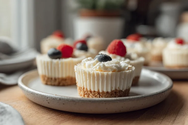 No bake mini cheesecakes served on a ceramic plate in a cozy home kitchen