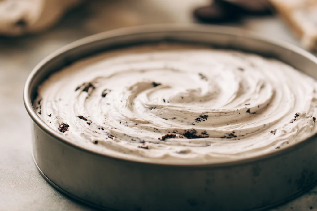 Creamy No Bake Oreo Cheesecake filling spread into a springform pan before chilling