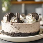 No Bake Oreo Cheesecake on a ceramic plate in a cozy home kitchen with soft natural light