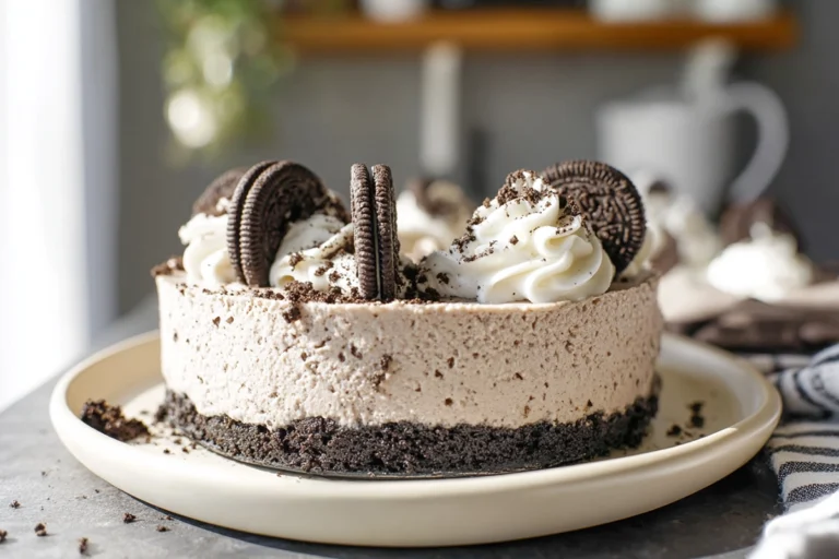 No Bake Oreo Cheesecake on a ceramic plate in a cozy home kitchen with soft natural light