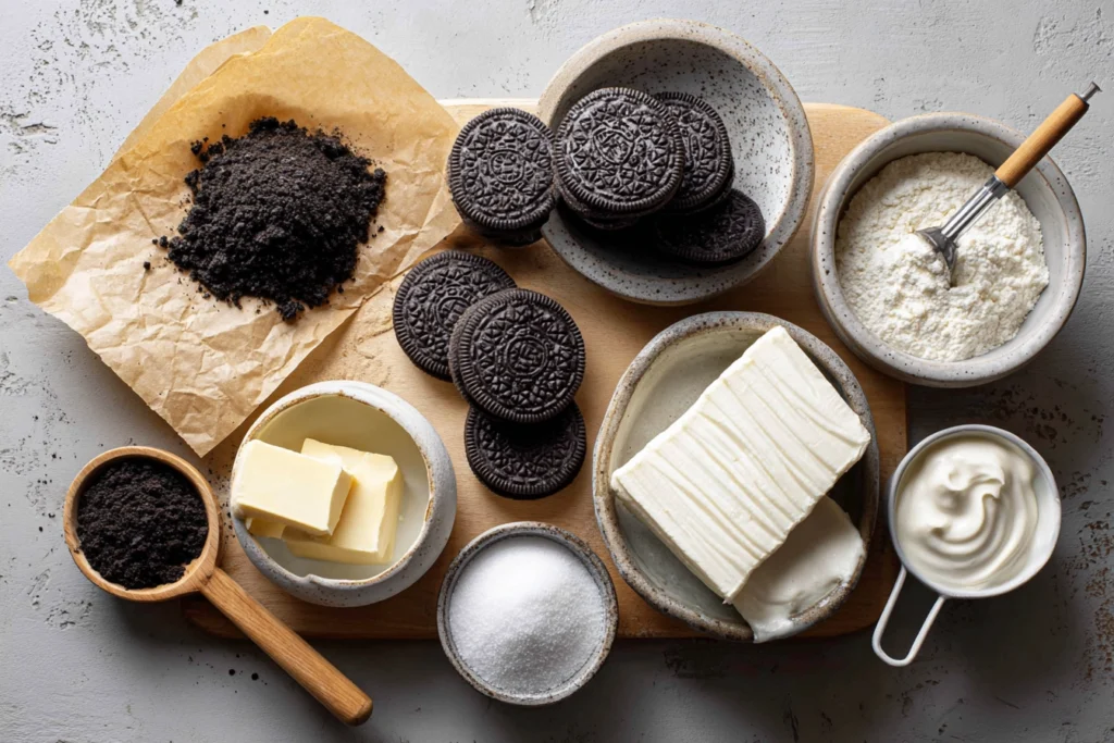 Ingredients for No Bake Oreo Cheesecake arranged on a wooden counter in a cozy kitchen