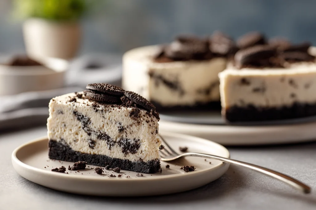 A slice of No Bake Oreo Cheesecake served on a plate in a cozy home kitchen