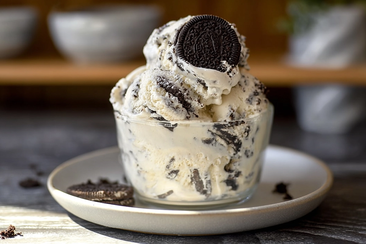 No Churn Cookies and Cream Ice Cream served on a ceramic plate in a cozy home kitchen