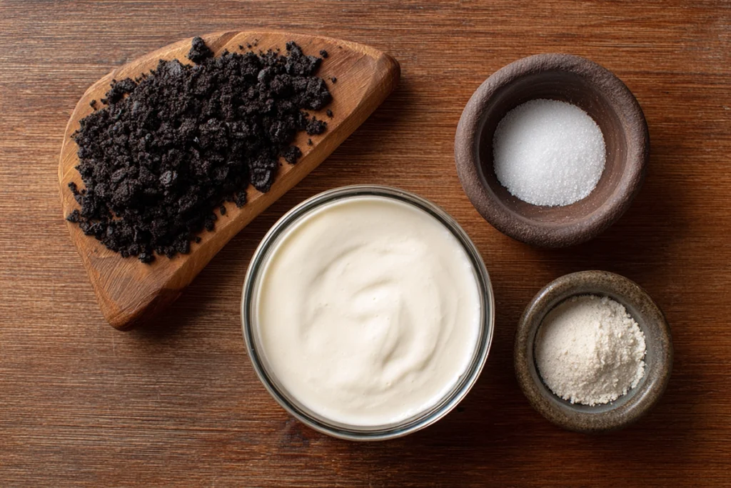 Ingredients for No Churn Cookies and Cream Ice Cream arranged in a home kitchen