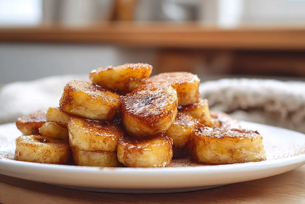 Serving warm pan fried cinnamon bananas fresh from the pan