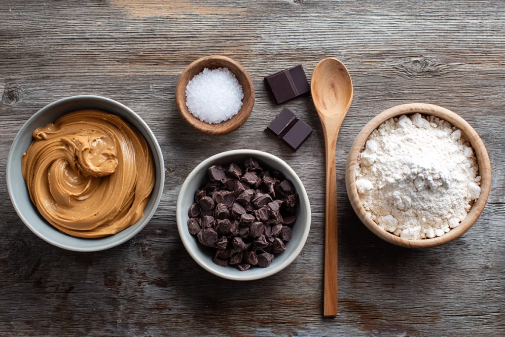 Ingredients for peanut butter cups including peanut butter, powdered sugar, and chocolate