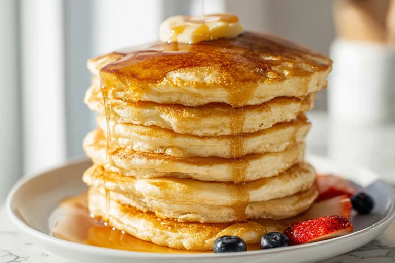 Perfect fluffy pancakes stacked with butter and maple syrup