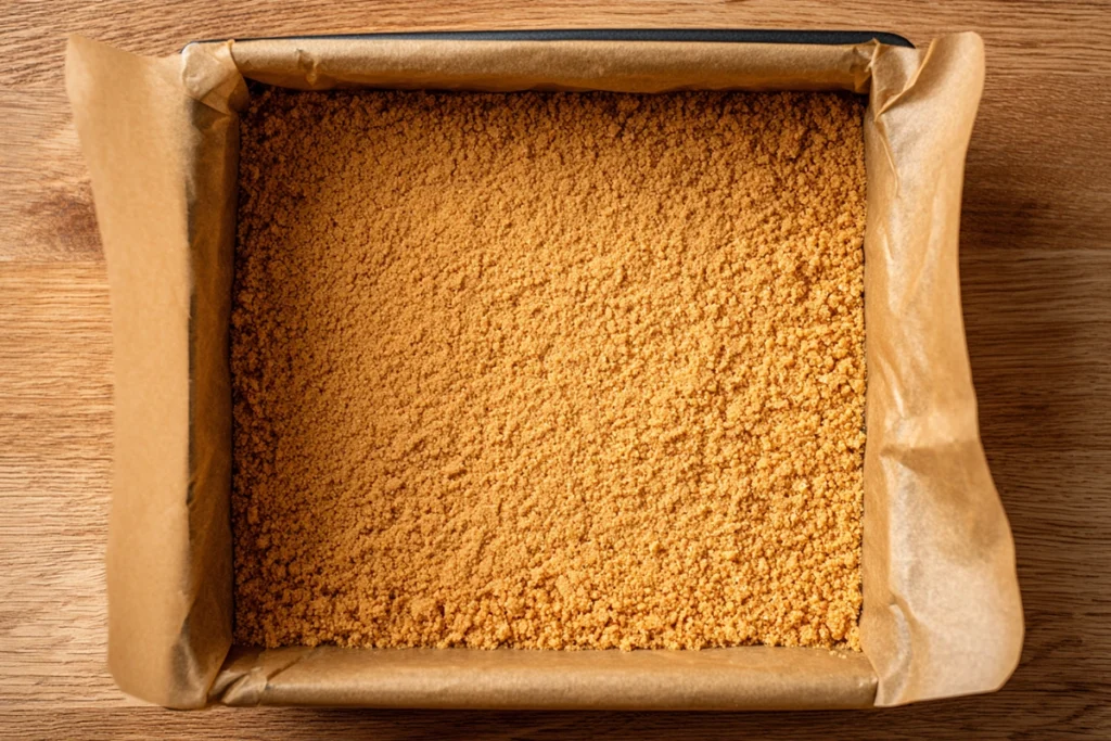 No Bake Cherry Cheesecake graham cracker crust pressed into a lined pan