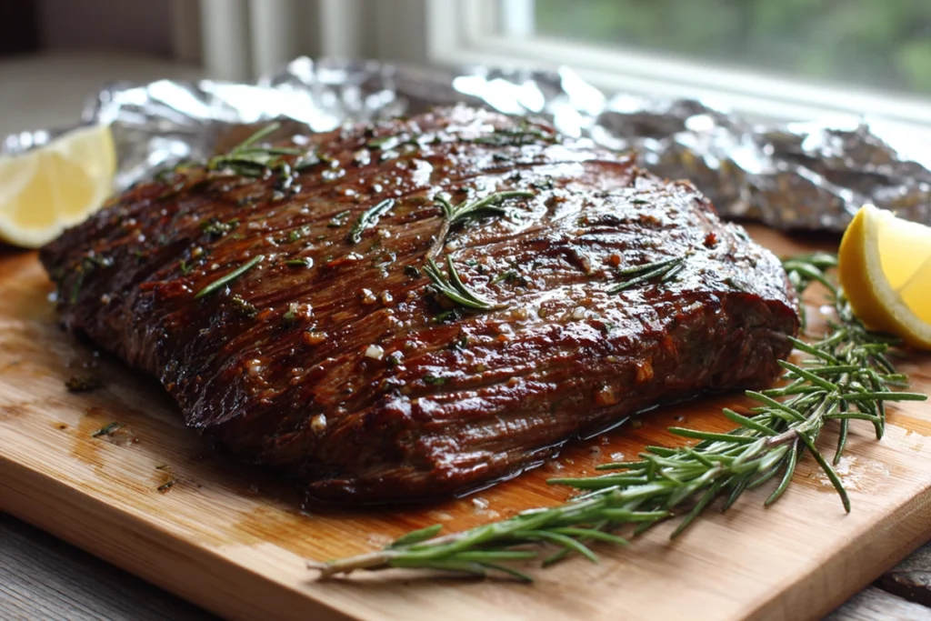 marinated flank steak resting before slicing