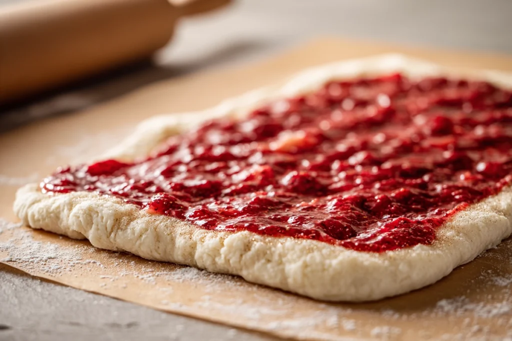 Rolled dough with strawberry filling for homemade strawberry cinnamon rolls