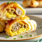 Sausage Egg and Cheese Breakfast Roll Ups plated on a ceramic plate in a cozy home kitchen