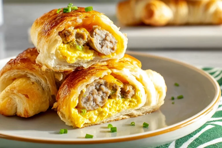 Sausage Egg and Cheese Breakfast Roll Ups plated on a ceramic plate in a cozy home kitchen