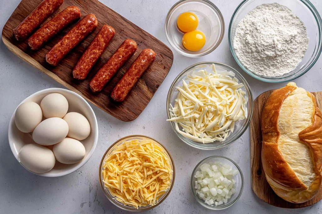 Ingredients for Sausage Egg and Cheese Breakfast Roll Ups arranged on a wooden counter