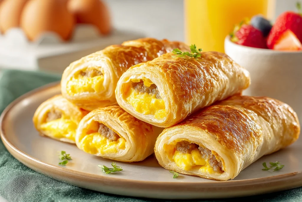 A warm, cut-open sausage egg and cheese breakfast roll up ready to enjoy.