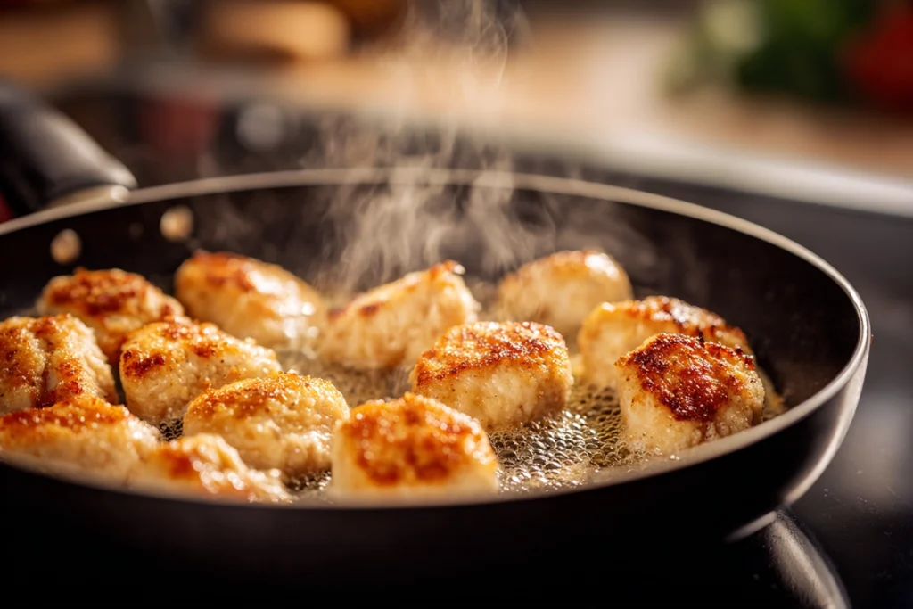 Chicken bites searing in skillet for honey garlic chicken recipe